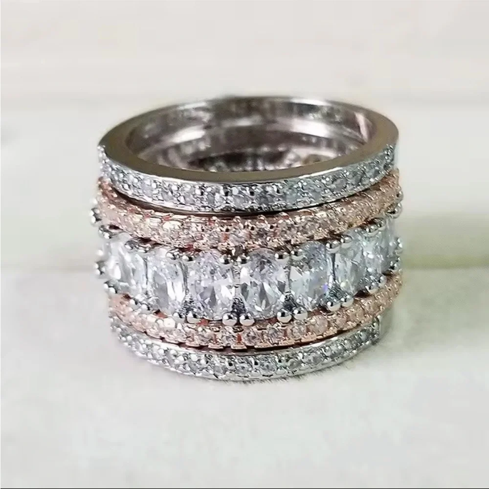 Luxury Two-Tone Wide Ring Full Brilliant Cubic Zirconia Exquisite White Rose 6 - Picture 4 of 5